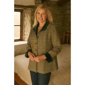 Soft Surroundings Wool Peacoat Women 1X Forest Green Plaid Velvet Trim Embroider